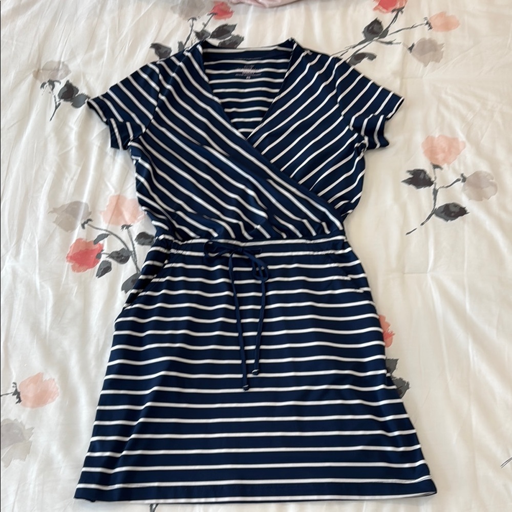 Navy & White Striped dress. Tie waist with side pockets.